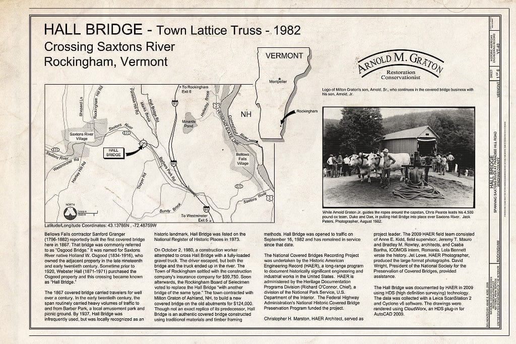 Blueprint Hall Bridge, Town Lattice Truss, 1982, Title Sheet - Hall Bridge, Spanning Saxtons River at Paradise Hill Road, Rockingham, Windham County, VT