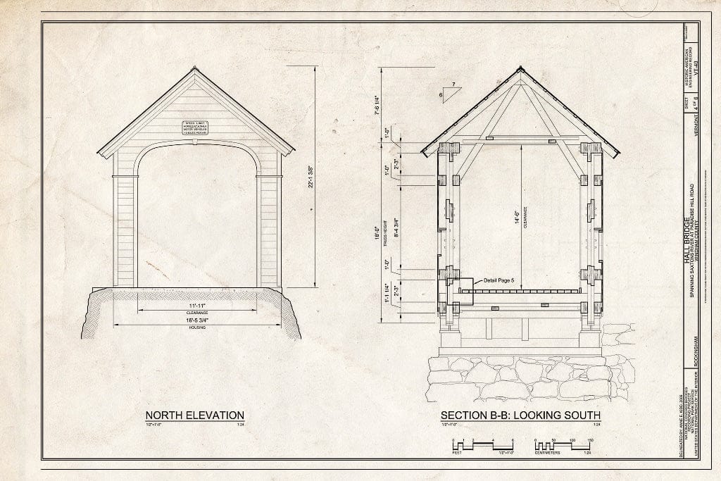 Blueprint North Elevation, Section B-B: Looking South - Hall Bridge, Spanning Saxtons River at Paradise Hill Road, Rockingham, Windham County, VT