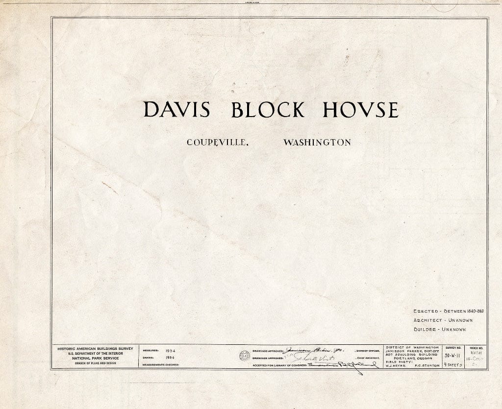 Blueprint HABS WASH,15-Coup,2- (Sheet 0 of 4) - Davis Blockhouse, Cemetery Grounds Vicinity, Whidby Island, Coupeville, Island County, WA