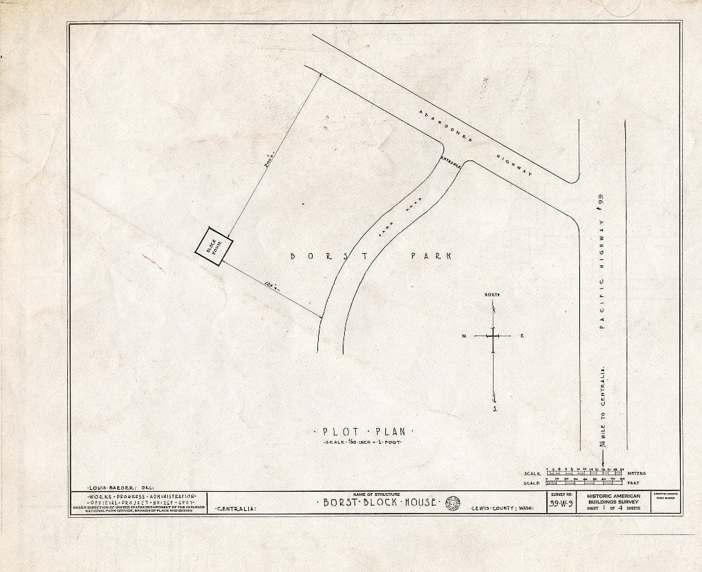 Blueprint HABS WASH,21-Cent,1- (Sheet 1 of 4) - Borst Blockhouse, Borst Park, Centralia, Lewis County, WA