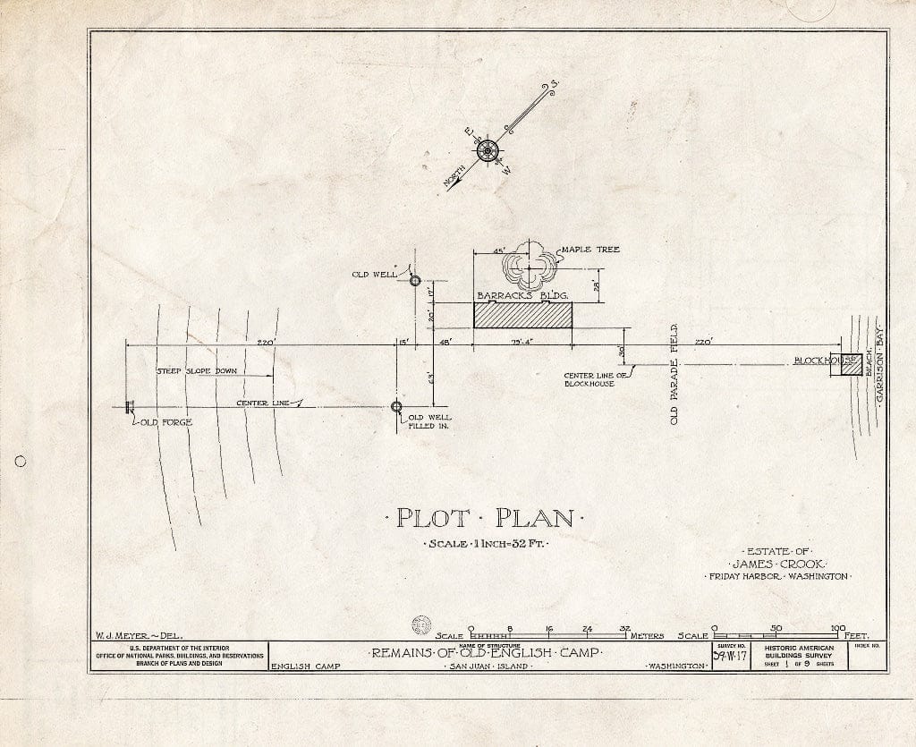 Blueprint HABS WASH,28-FRIHA,1- (Sheet 1 of 9) - English Camp (Remains), Garrison Bay, San Juan Island, Friday Harbor, San Juan County, WA