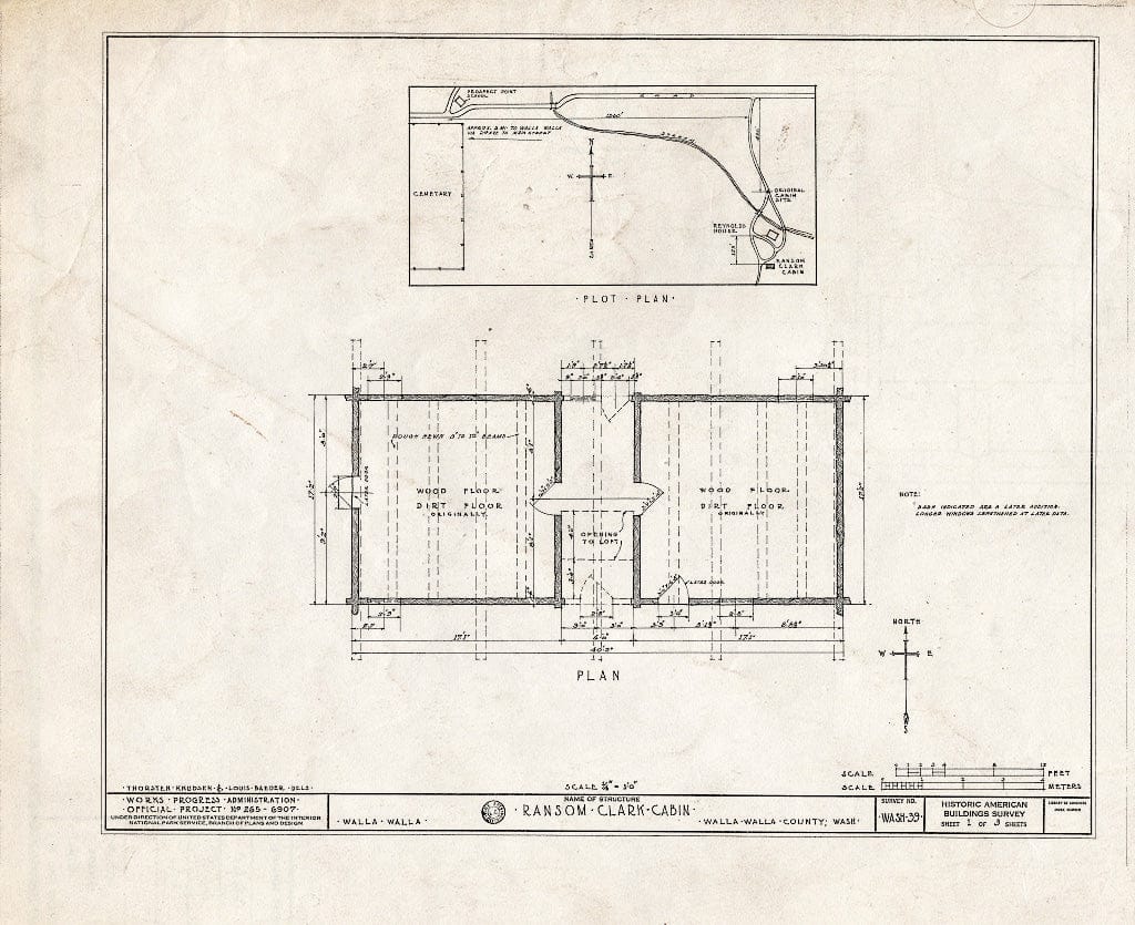 Blueprint HABS WASH,36-WAL.V,1- (Sheet 1 of 3) - Ransom Clark Cabin, Walla Walla, Walla Walla County, WA