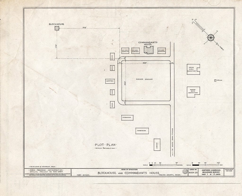 Blueprint HABS WASH,39-Whit.V,1- (Sheet 1 of 13) - Fort Simcoe, Commandant's House & Blockhouse, Fort Simcoe Road, White Swan, Yakima County, WA