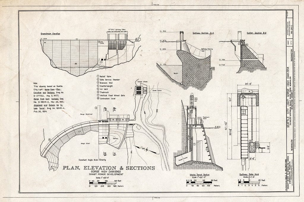 Blueprint Plan, Elevation, Sections of Dam - Skagit Power Development, Gorge High Dam, On Skagit River, 2.9 Miles Upstream from Newhalem, Newhalem, Whatcom County, WA