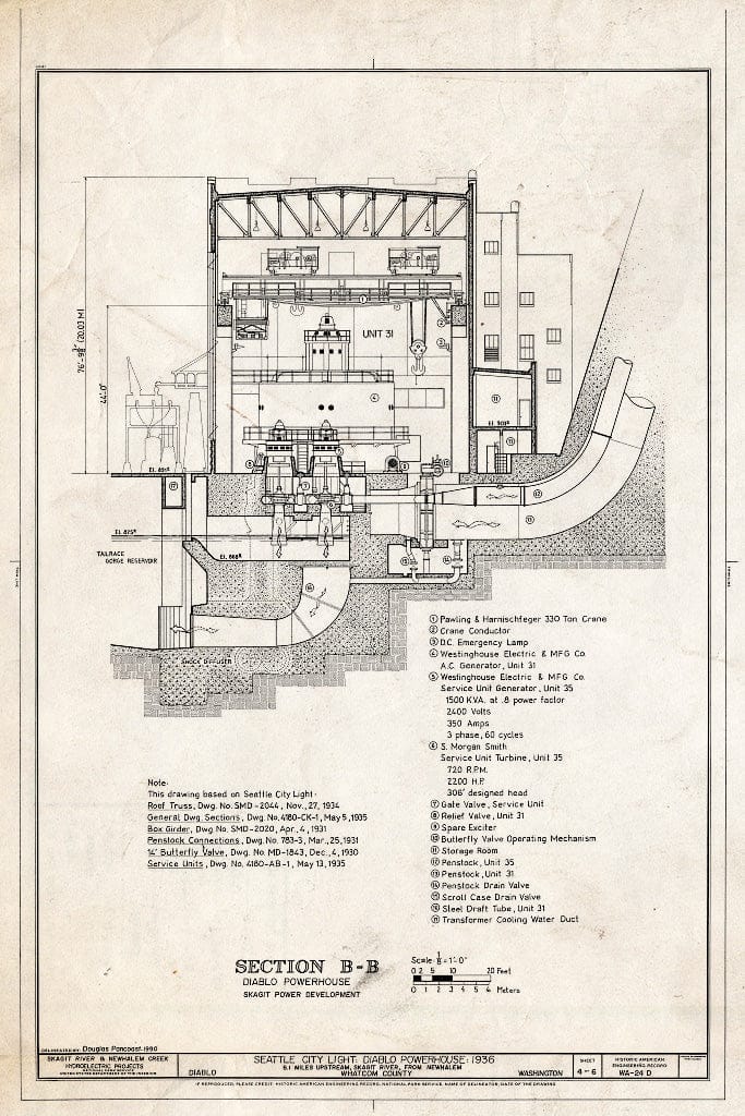 Blueprint Section B-B of Powerhouse - Skagit Power Development, Diablo Powerhouse, On Skagit River, 6.1 Miles Upstream from Newhalem, Newhalem, Whatcom County, WA