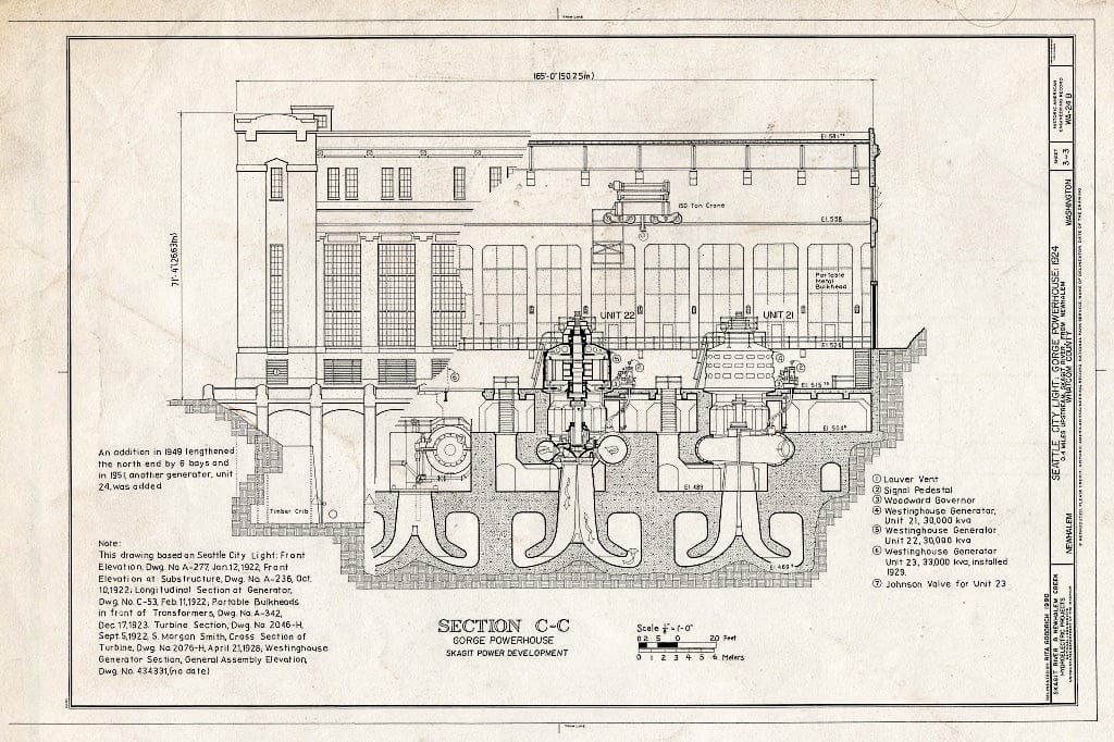Blueprint Section C-C of Powerhouse - Skagit Power Development, Gorge Powerhouse, On Skagit River, 0.4 Mile Upstream from Newhalem, Newhalem, Whatcom County, WA
