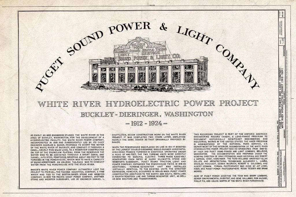 Blueprint Title Sheet - Puget Sound Power & Light Company, White River Hydroelectric Project, 600 North River Avenue, Dieringer, Pierce County, WA
