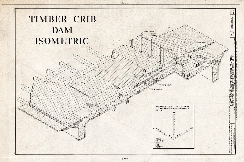 Blueprint Timber Crib Dam Isometric - Puget Sound Power & Light Company, White River Hydroelectric Project, 600 North River Avenue, Dieringer, Pierce County, WA