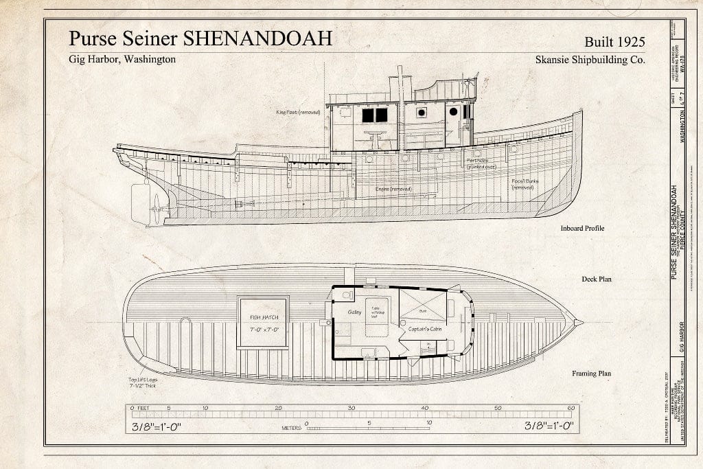 Blueprint Inboard Profile and Deck & Framing Plan - Purse Seiner Shenandoah, Gig Harbor Peninsula Historical Society and Museum, Gig Harbor, Pierce County, WA