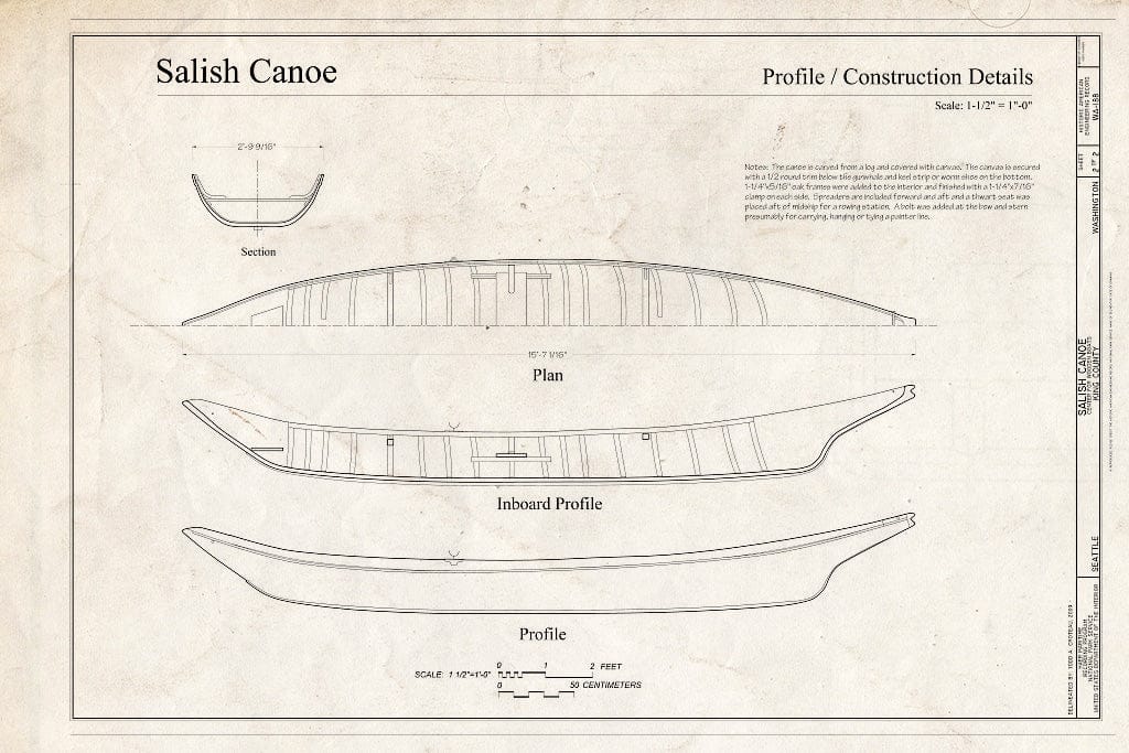 Blueprint Salish Canoe, Profile/Construction Details - Salish Canoe, The Center for Wooden Boats, Seattle, King County, WA