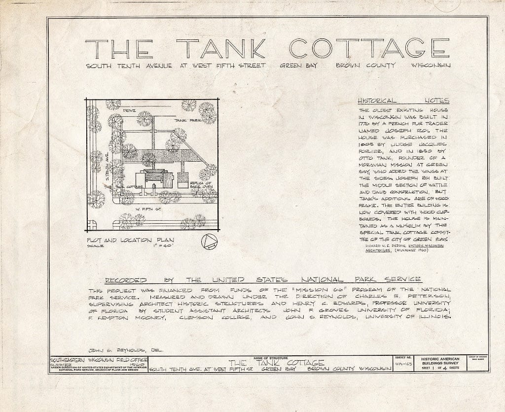 Blueprint HABS WIS,5-GREBA,3- (Sheet 1 of 4) - Tank Cottage, South Tenth Avenue, Green Bay, Brown County, WI