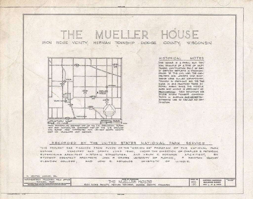 Blueprint HABS WIS,14-Iron.V,1- (Sheet 1 of 4) - Mueller House, County Trunk AP, Iron Ridge, Dodge County, WI