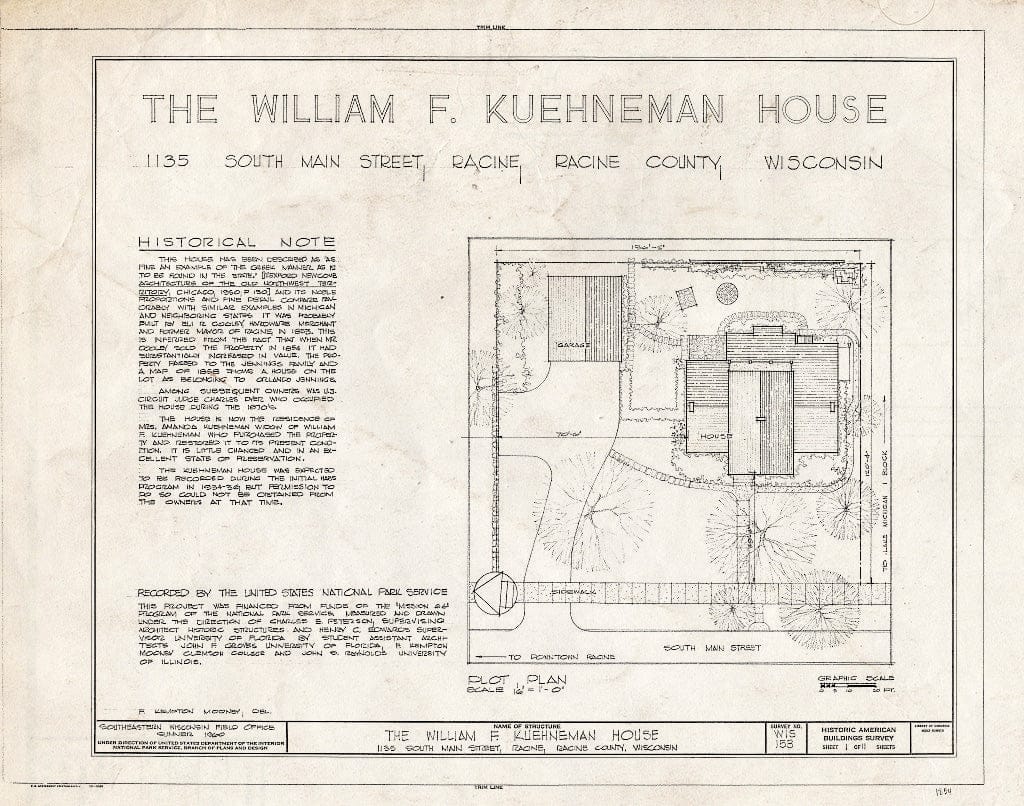 Blueprint HABS WIS,51-RACI,4- (Sheet 1 of 11) - William F. Kuehneman House, 1135 South Main Street, Racine, Racine County, WI