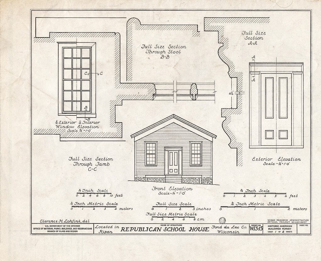 Blueprint HABS WIS,20-RIPO,1- (Sheet 1 of 2) - Republican Schoolhouse, Second & Elm Streets, Ripon, Fond du Lac County, WI