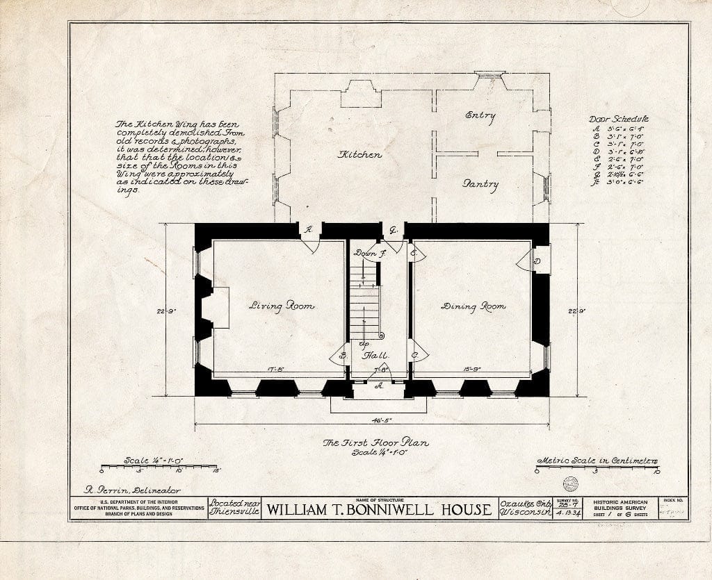 Blueprint HABS WIS,45-THIVI.V,1- (Sheet 1 of 6) - William T. Bonniwell House, Wauwatosa Avenue, Thiensville, Ozaukee County, WI