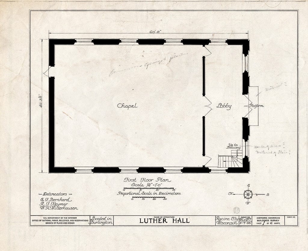 Blueprint HABS WIS,51-BURL,2- (Sheet 1 of 6) - Luther Hall, Jefferson & Dyer Streets, Burlington, Racine County, WI