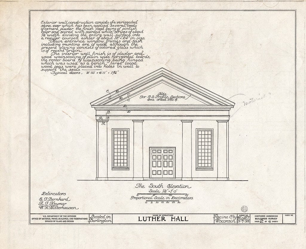 Blueprint HABS WIS,51-BURL,2- (Sheet 2 of 6) - Luther Hall, Jefferson & Dyer Streets, Burlington, Racine County, WI