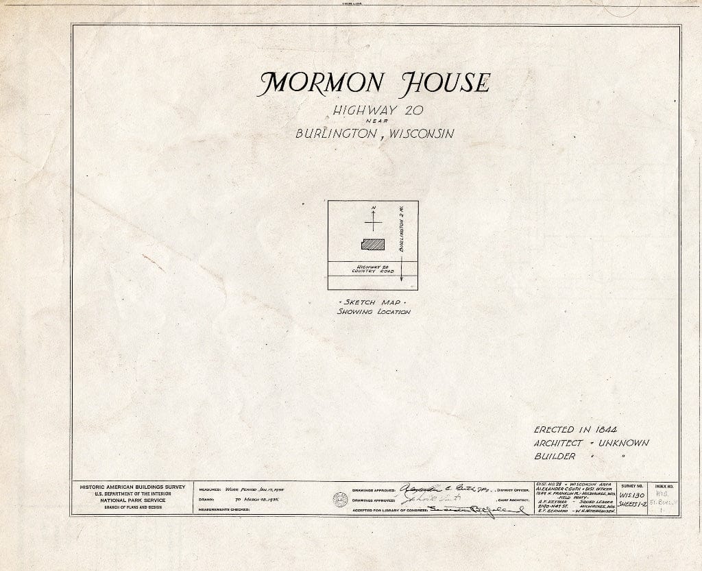 Blueprint HABS WIS,51-BURL.V,1- (Sheet 0 of 2) - Mormon House, Highway 20, Burlington, Racine County, WI