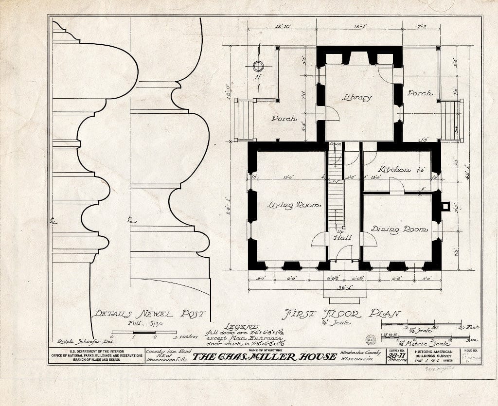 Blueprint HABS WIS,67-MENFA.V,1- (Sheet 1 of 6) - Charles Miller House, County Line Road, Menomonee Falls, Waukesha County, WI