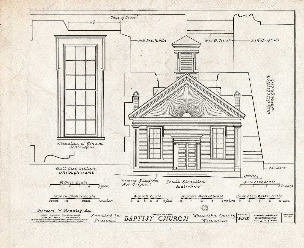 Blueprint HABS WIS,67-PROSP,1- (Sheet 2 of 5) - Baptist Church, State Highway 15, Prospect, Waukesha County, WI