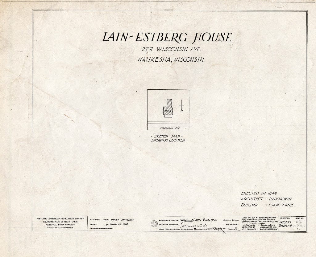 Blueprint HABS WIS,67-WAUK,2- (Sheet 0 of 11) - Lain-Estburg House, 299 Wisconsin Avenue, Waukesha, Waukesha County, WI
