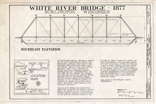 Blueprint Southeast Elevation, Location Maps - White River Bridge, Spanning Honey Creek on Bieneman Road, Burlington, Racine County, WI