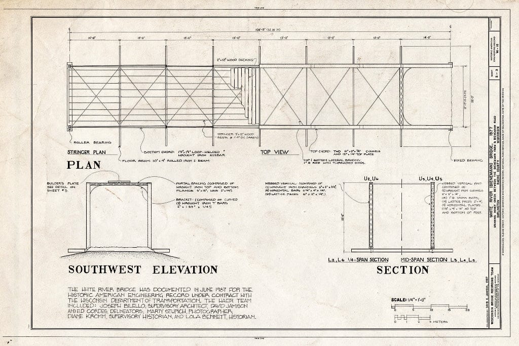 Blueprint Plan, Southwest Elevation, Section - White River Bridge, Spanning Honey Creek on Bieneman Road, Burlington, Racine County, WI