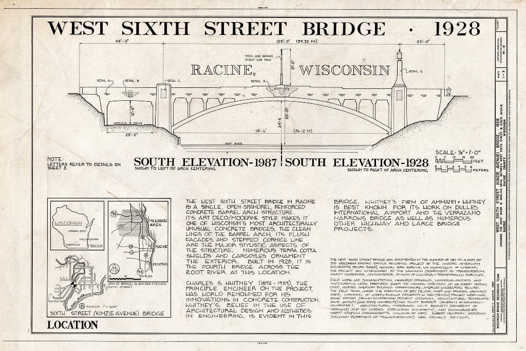 Blueprint South Elevation-1987, South Elevation-1928, Location Maps - West Sixth Street Bridge, Spanning Root River at West Sixth Street & Kinzie Avenue, Racine, Racine County, WI