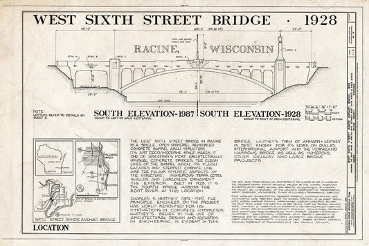 Blueprint South Elevation-1987, South Elevation-1928, Location Maps - West Sixth Street Bridge, Spanning Root River at West Sixth Street & Kinzie Avenue, Racine, Racine County, WI