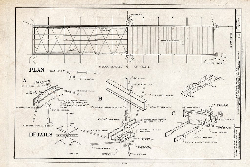 Blueprint Plan, Details - Tivoli Island Bridge, Spanning Rock River Channel from mainland to west side of Tivoli Island (moved from Milwaukee), Watertown, Jefferson County, WI