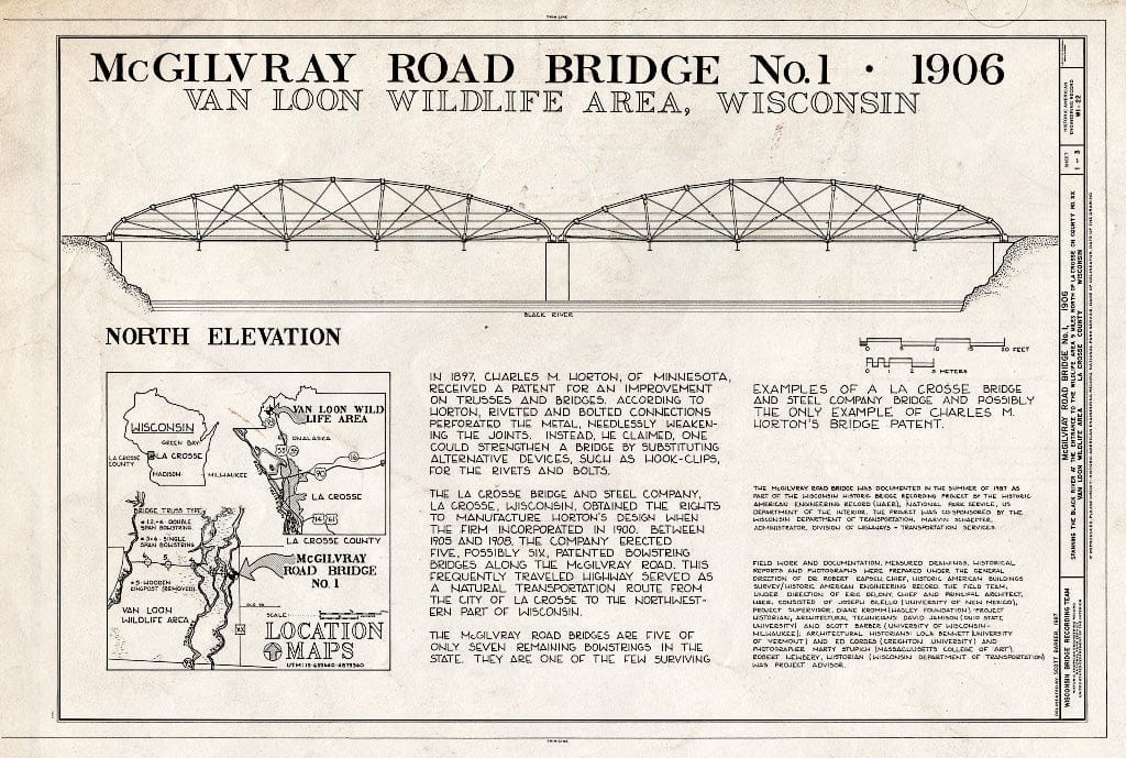 Blueprint North Elevation, Location Maps - McGilvray Road Bridge No. 1, Van Loon Wildlife Area, La Crosse, La Crosse County, WI