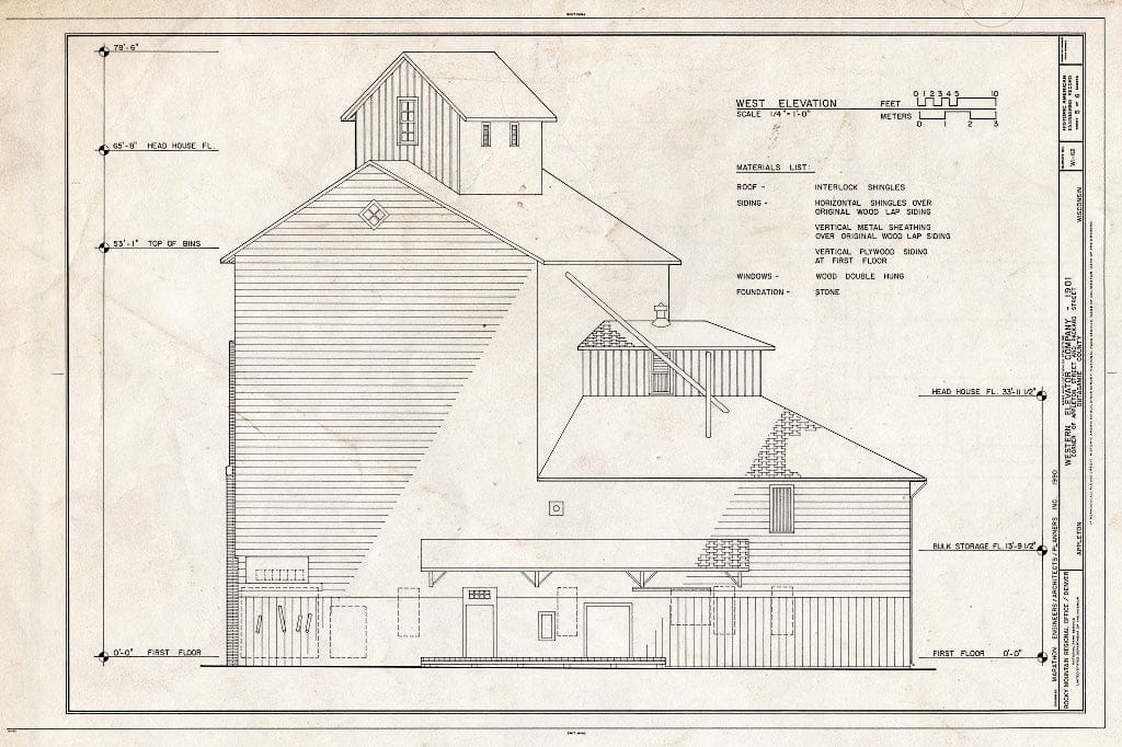 Blueprint West Elevation - Western Elevator Company, 507 North Appleton Street, Appleton, Outagamie County, WI
