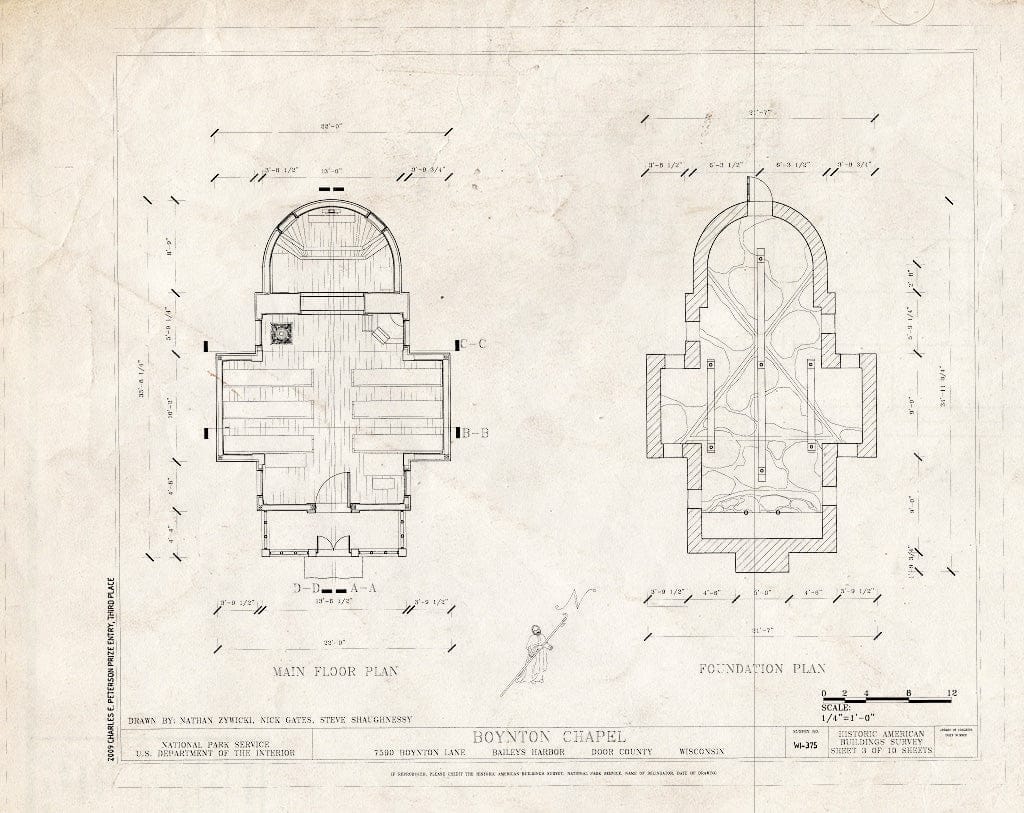 Blueprint Main Floor & Foundation Plans - Boynton Chapel, 7590 Boynton Lane, Baileys Harbor, Door County, WI