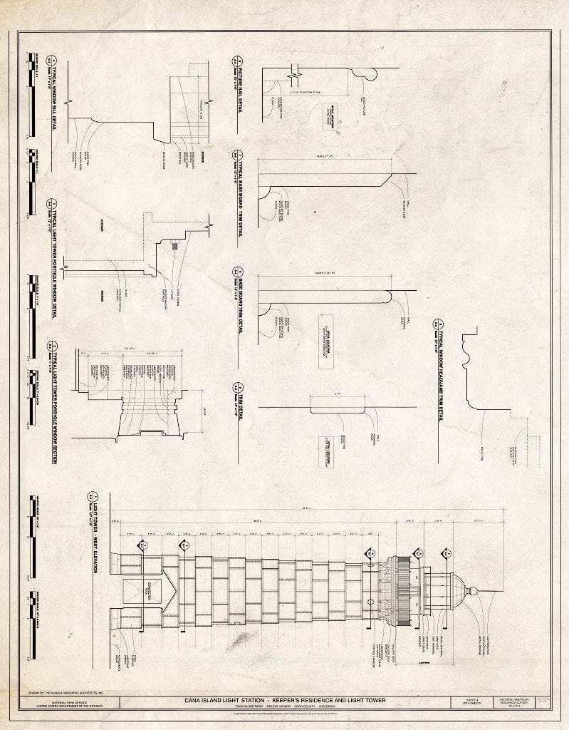 Blueprint West Elevation of Light Tower, and Window Details - Cana island Light Station, Keeper's Residence and Light Tower, Cana Island Road, Baileys Harbor, Door County, WI