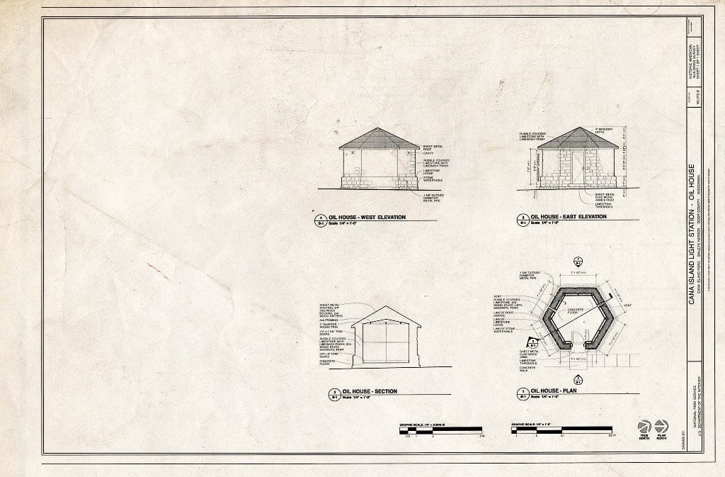 Blueprint West & East Elevation, Section, Plan - Cana Island Light Station, Oil House, Cana Island Road, Baileys Harbor, Door County, WI