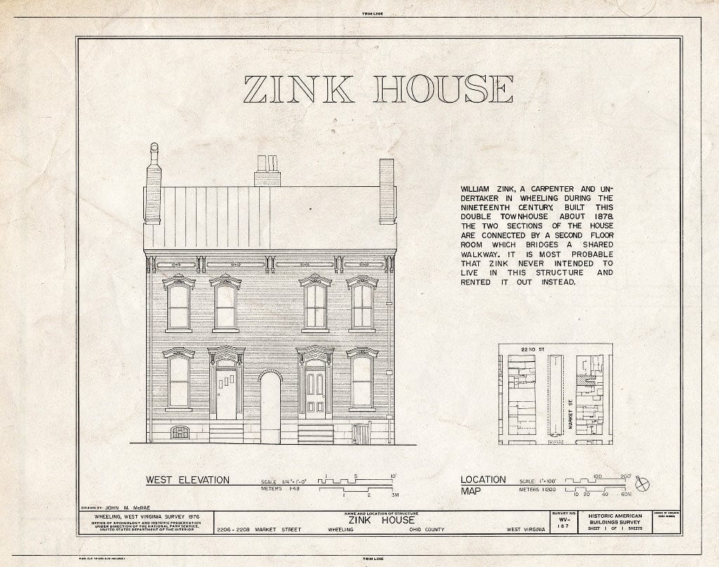 Blueprint HABS WVA,35-Wheel,27- (Sheet 1 of 1) - William T. Zink Double House, 2206-2208 Market Street, Wheeling, Ohio County, WV