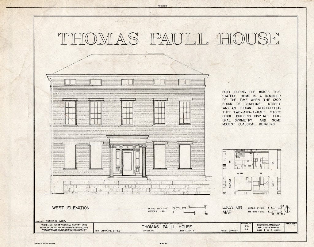 Blueprint HABS WVA,35-Wheel,23- (Sheet 1 of 2) - Thomas Paull House, 1314 Chapline Street, Wheeling, Ohio County, WV