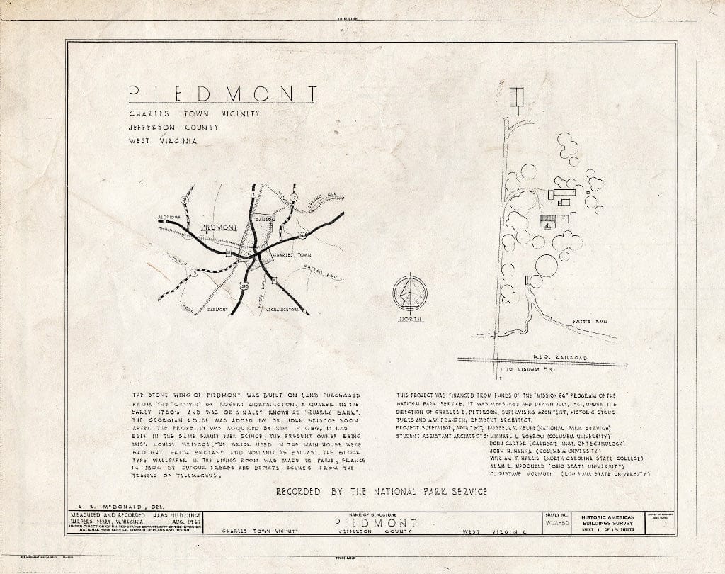 Blueprint HABS WVA,19-Chart.V,10- (Sheet 1 of 13) - Piedmont, Charles Town, Jefferson County, WV