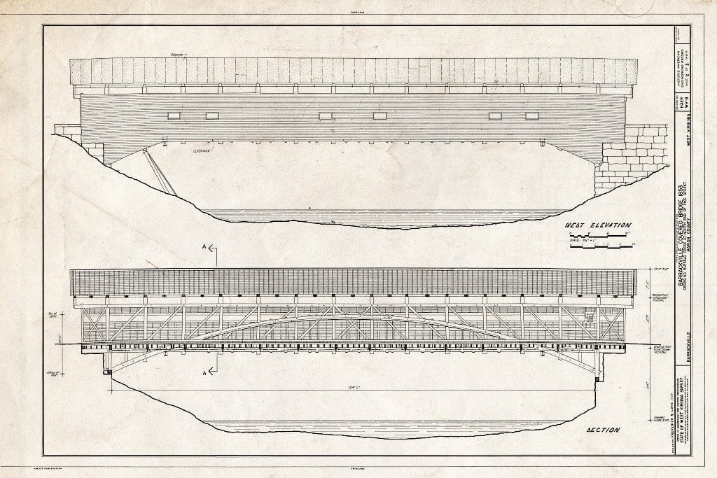 Blueprint West Elevation; Section - Barrackville Covered Bridge, Spanning Buffalo Creek on Pike Street, Barrackville, Marion County, WV