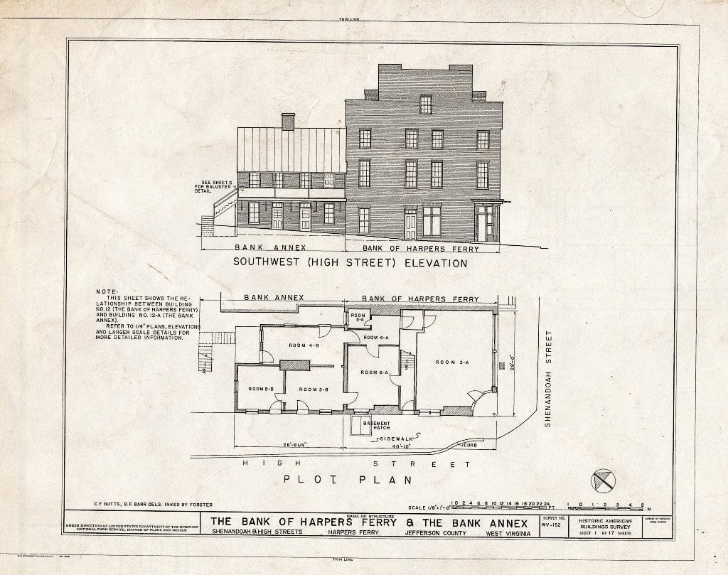Blueprint HABS WVA,19-HARF,6- (Sheet 1 of 17) - Bank of Harpers Ferry & Bank Annex, Shenandoah & High Streets, Harpers Ferry, Jefferson County, WV