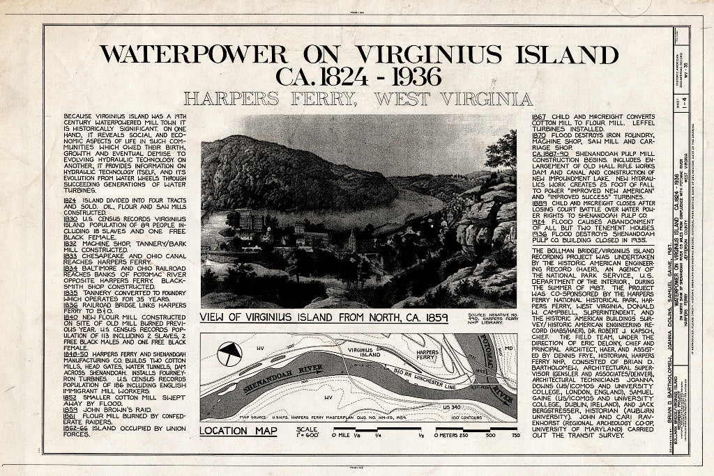 Blueprint HAER WVA,19-HARF,29- (Sheet 1 of 4) - Waterpower on Virginius Island, Shenandoah River Near Potomac River, Harpers Ferry, Jefferson County, WV