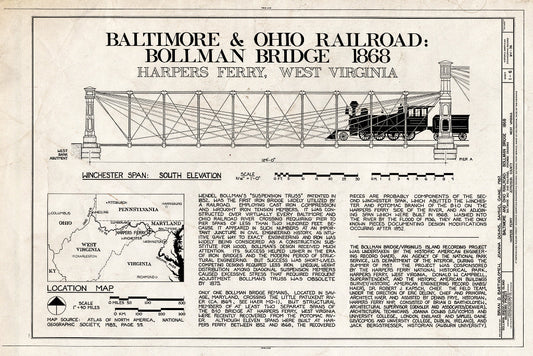 Blueprint Title Sheet, South Elevation, Location Map - Baltimore & Ohio Railroad, Bollman Bridge, Spanning Potomac River at Harpers Ferry, Harpers Ferry, Jefferson County, WV