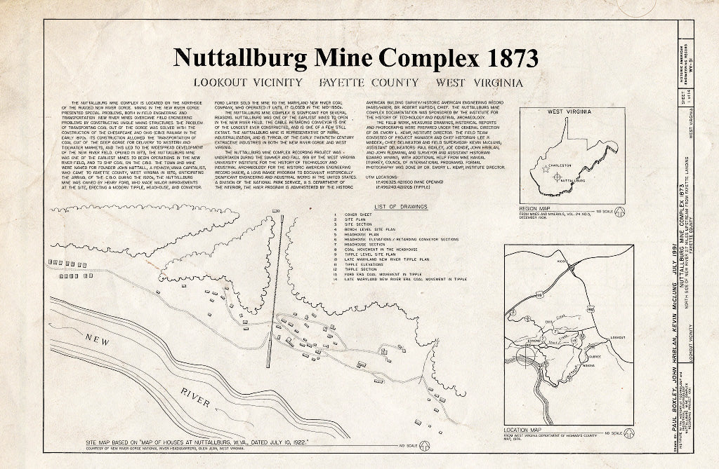 Blueprint HAER WVA,10-Lout.V,1- (Sheet 1 of 14) - Nuttallburg Mine Complex, North Side of New River, 2.7 Miles Upstream from Fayette Landing, Lookout, Fayette County, WV