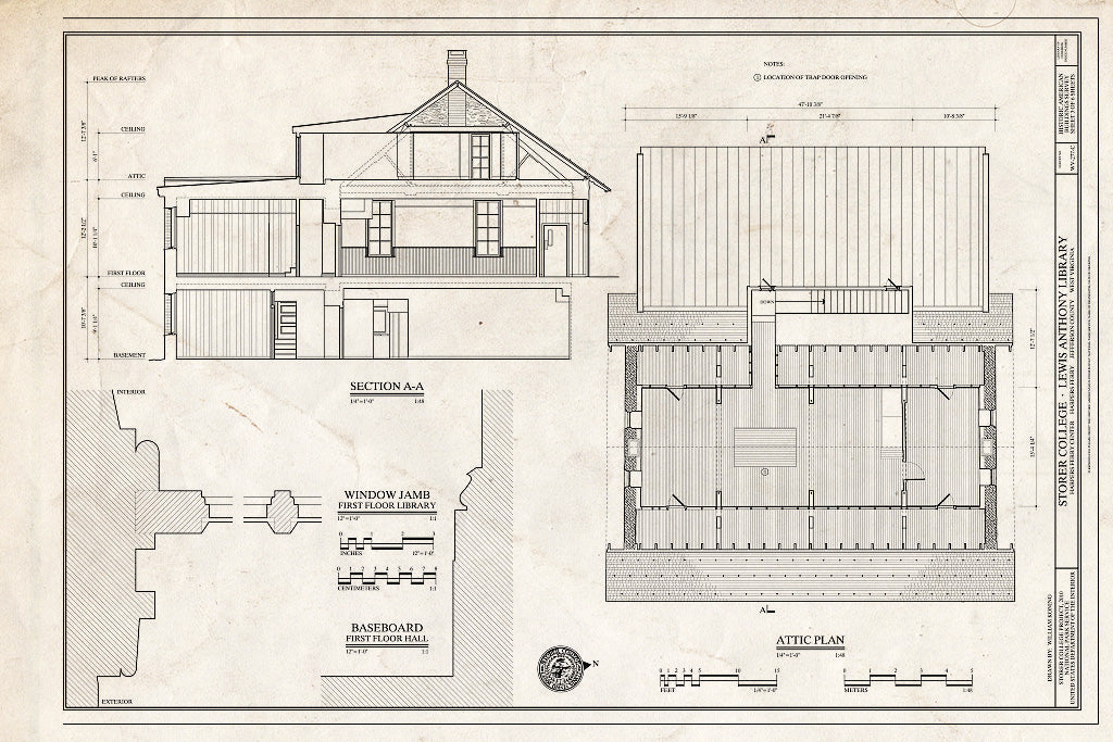 Blueprint Section, Attic Plan, Window Jamb, and Baseboard Profile - Storer College, Lewis Anthony Library, Camp Hill, Harpers Ferry, Jefferson County, WV