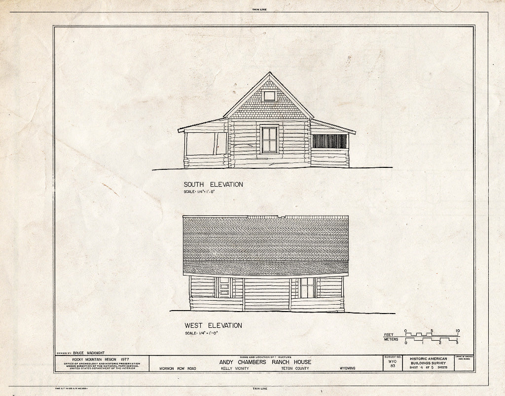 Blueprint South & West Elevations - Andy Chambers Homestead, 0.4 Mile South of Antelope Flats Road on The East Side of Mormon Row Road, Kelly, Teton County, WY