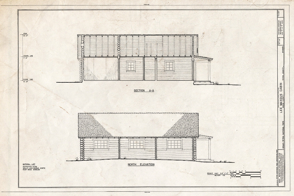 Blueprint North Elevation and Section - Lee Mangus Cabin, Moose, Teton County, WY