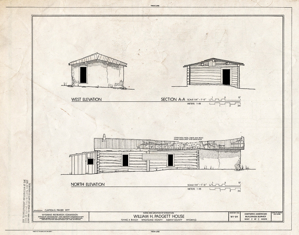 Blueprint West & North Elevations and Section - William H. Padgett House, Flying X Ranch, Wheatland, Platte County, WY