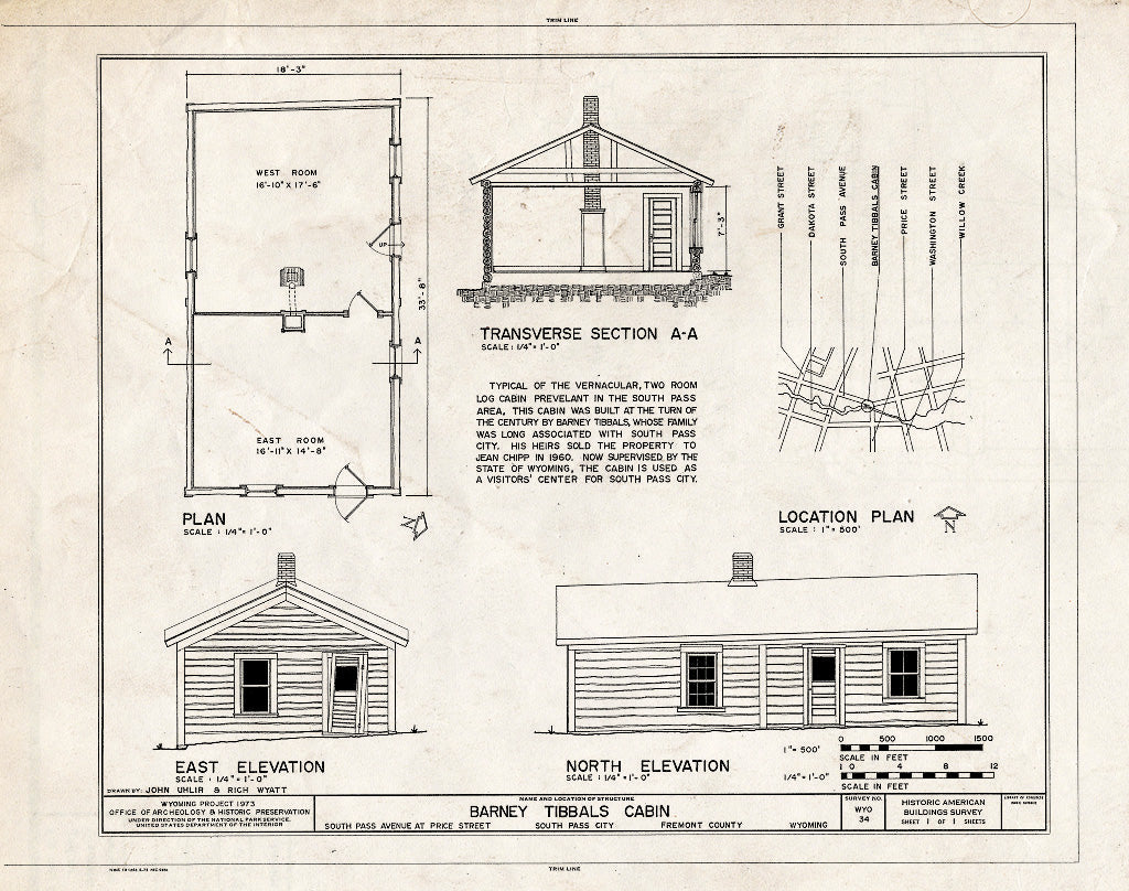 Blueprint HABS WYO,7-SOPAC,7- (Sheet 1 of 1) - Barney Tibbals Cabin, Price Street & South Pass Avenue, South Pass City, Fremont County, WY