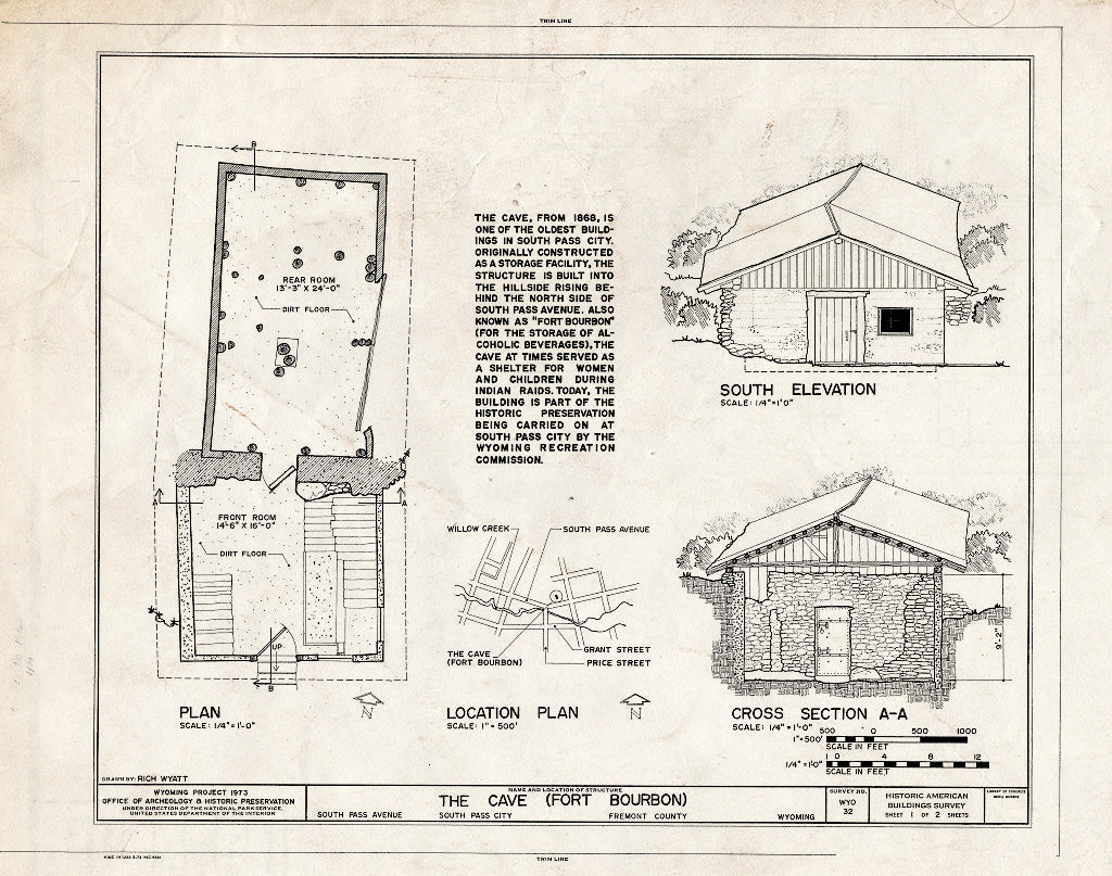 Blueprint Plan, Section, and South Elevation - The Cave, South Pass Avenue, South Pass City, Fremont County, WY