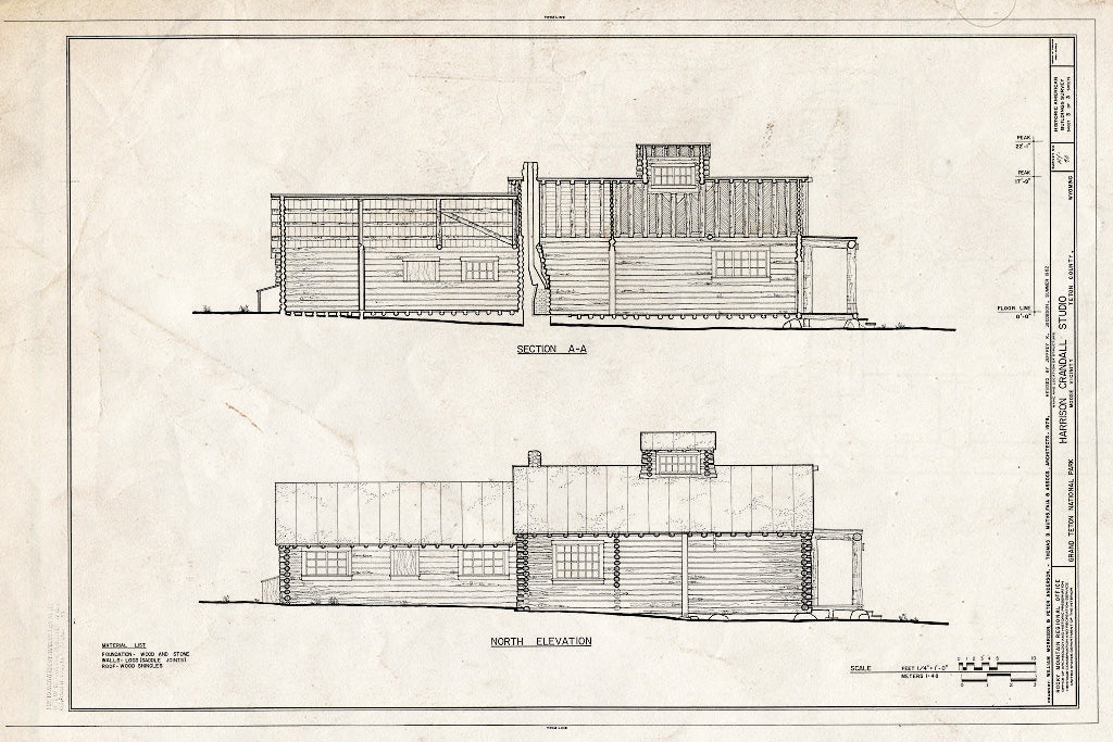 Blueprint North Elevation and Section - Harrison Crandall Studio, Moose, Teton County, WY